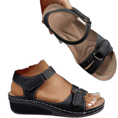 Comfortable Red Leather Sandals for Women with Platform Open Toe Buckle Casual Style
