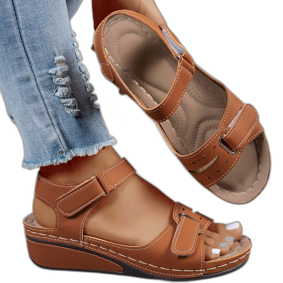 Comfortable Red Leather Sandals for Women with Platform Open Toe Buckle Casual Style