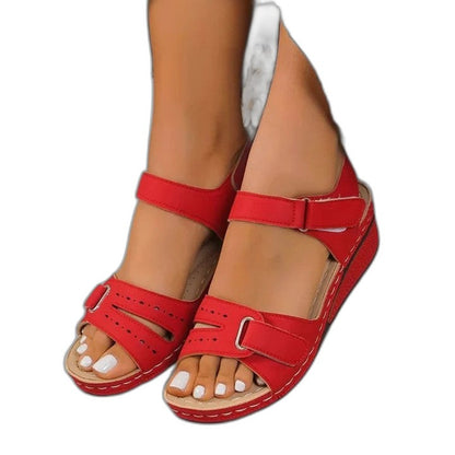 Comfortable Red Leather Wedge Sandals for Women with Ankle Strap Open Toe Buckle Casual Style