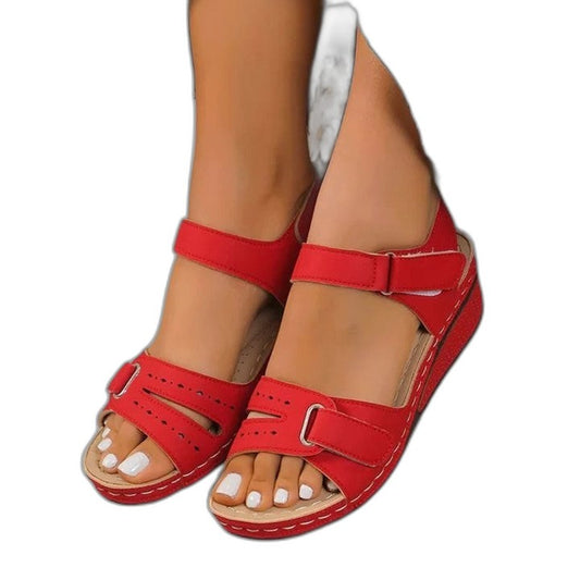 Comfortable Red Leather Wedge Sandals for Women with Ankle Strap Open Toe Buckle Casual Style