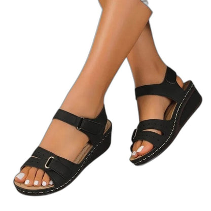 Comfortable Red Leather Wedge Sandals for Women with Ankle Strap Open Toe Buckle Casual Style