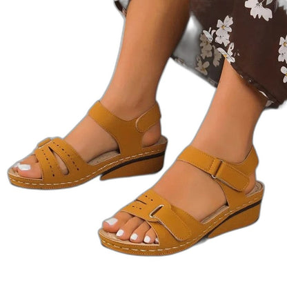 Comfortable Red Leather Wedge Sandals for Women with Ankle Strap Open Toe Buckle Casual Style