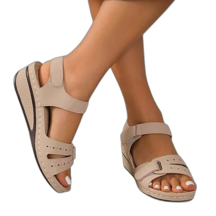 Comfortable Red Leather Wedge Sandals for Women with Ankle Strap Open Toe Buckle Casual Style