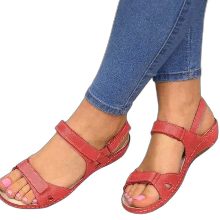 Comfortable Red Sandals for Women with Ankle Strap Open Toe Buckle Casual Style