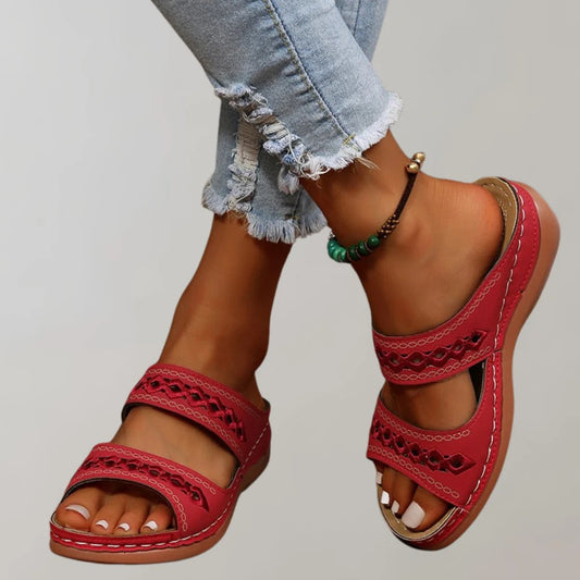 Comfortable Red Sandals for Women with Ankle Strap Open Toe Casual Style
