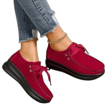 Comfortable Red Suede Loafers for Women with Platform Closed Toe Lace Up Casual Style