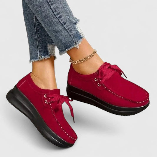 Comfortable Red Suede Loafers for Women with Platform Closed Toe Lace Up Casual Style