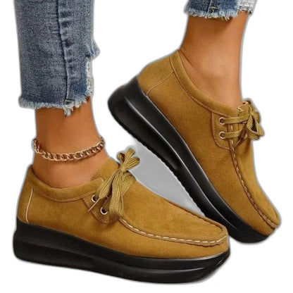 Comfortable Red Suede Loafers for Women with Platform Closed Toe Lace Up Casual Style