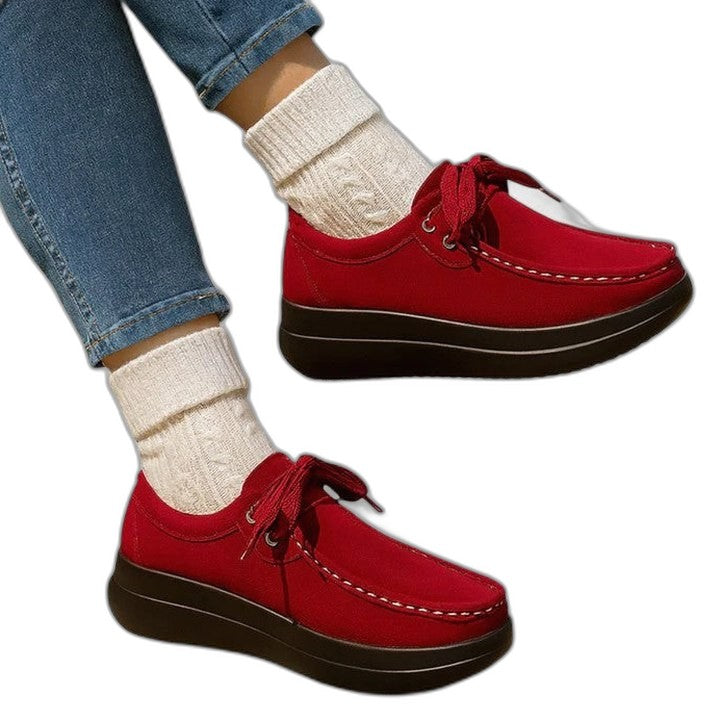 Comfortable Red Suede Loafers for Women with Platform Closed Toe Lace Up Casual Style