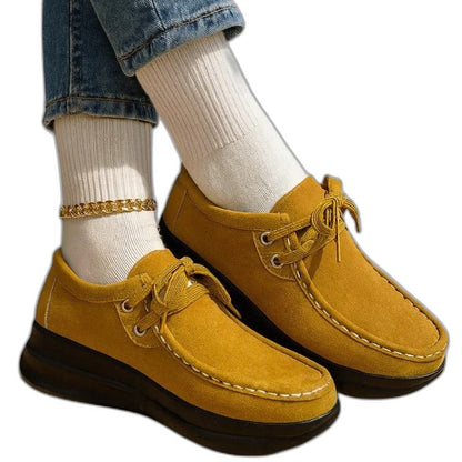 Comfortable Red Suede Loafers for Women with Platform Closed Toe Lace Up Casual Style