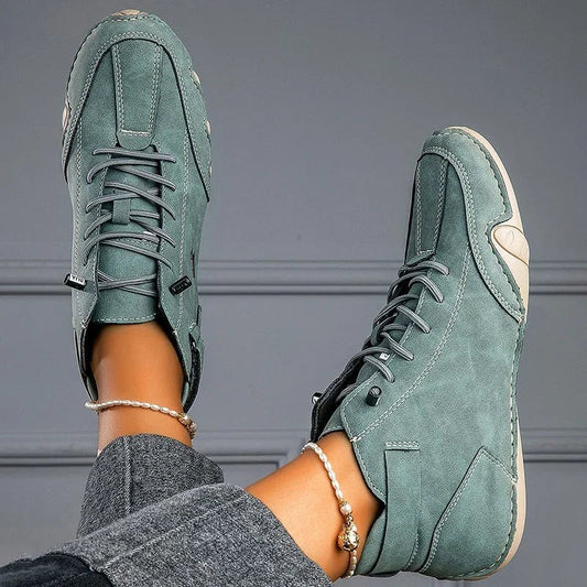 Comfortable Sage Green Suede Sneakers for Women with Closed Toe Lace Up Casual Style