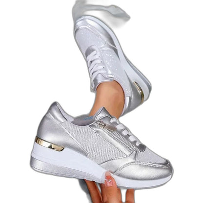 Comfortable Silver Sneakers for Women with Platform Closed Toe Lace Up Casual Style