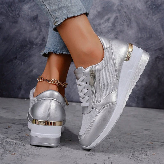 Comfortable Silver Sneakers for Women with Platform Closed Toe Lace Up Casual Style