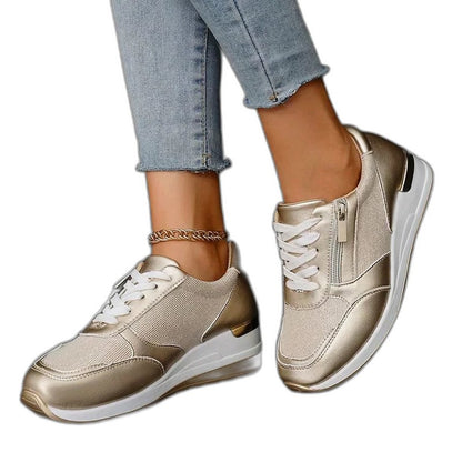 Comfortable Silver Sneakers for Women with Platform Closed Toe Lace Up Casual Style