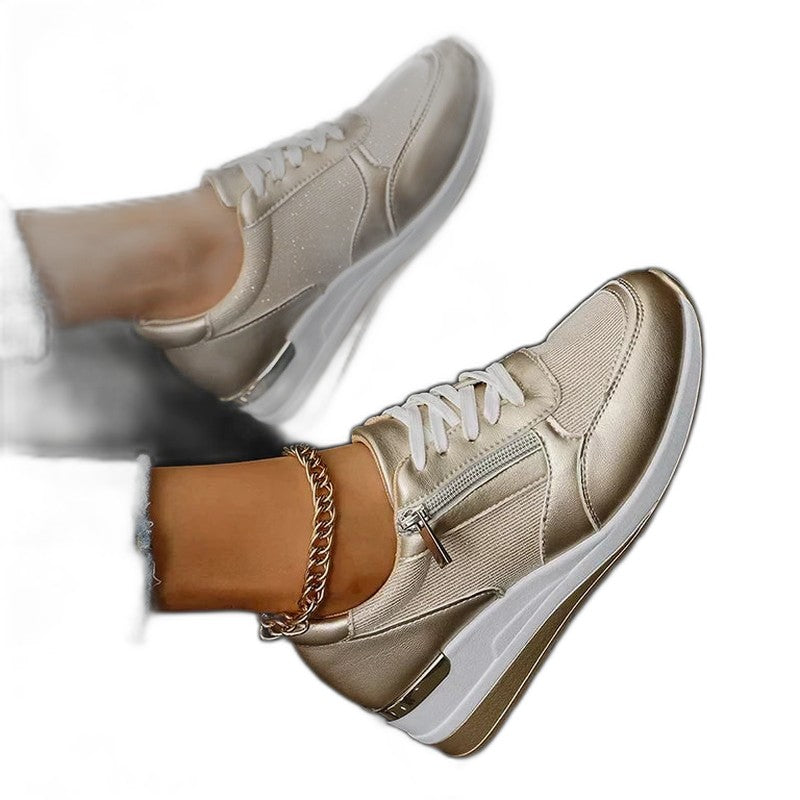 Comfortable Silver Sneakers for Women with Platform Closed Toe Lace Up Casual Style