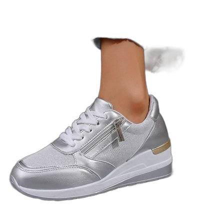 Comfortable Silver Sneakers for Women with Platform Closed Toe Lace Up Casual Style