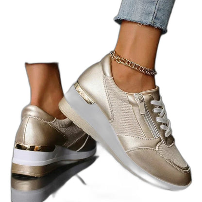Comfortable Silver Sneakers for Women with Platform Closed Toe Lace Up Casual Style