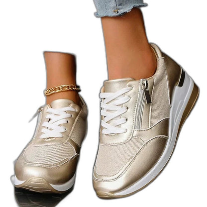 Comfortable Silver Sneakers for Women with Platform Closed Toe Lace Up Casual Style