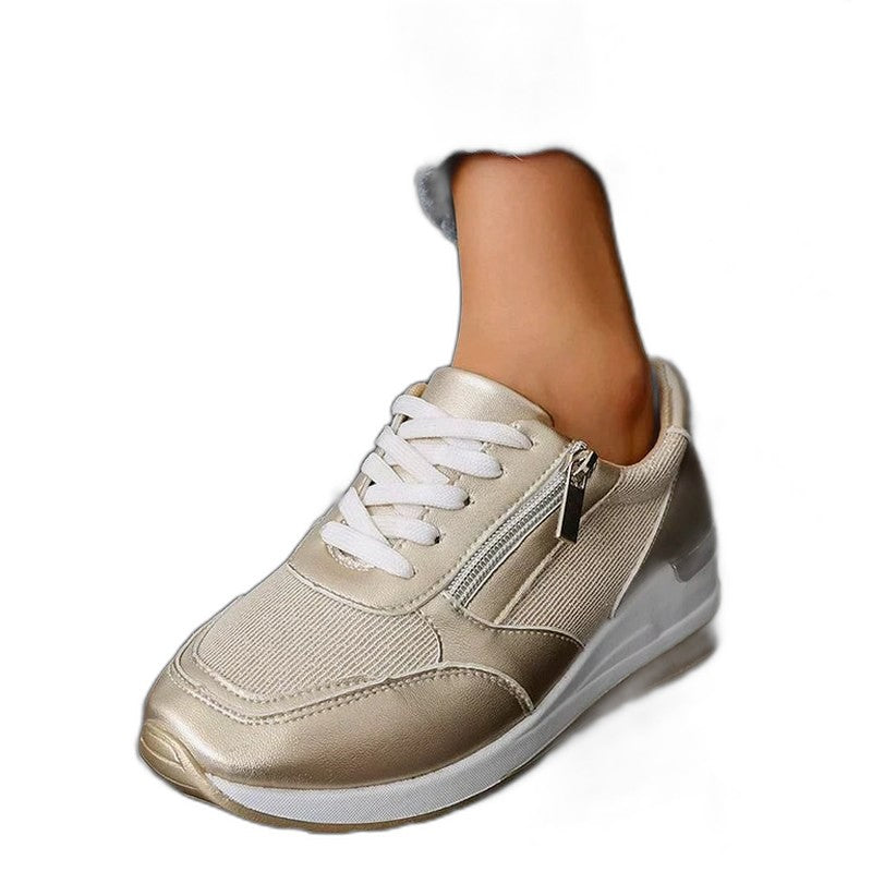 Comfortable Silver Sneakers for Women with Platform Closed Toe Lace Up Casual Style