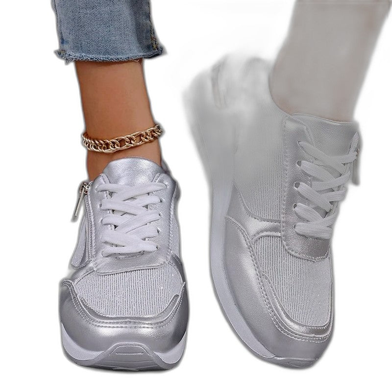 Comfortable Silver Sneakers for Women with Platform Closed Toe Lace Up Casual Style