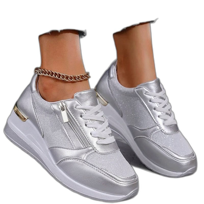 Comfortable Silver Sneakers for Women with Platform Closed Toe Lace Up Casual Style