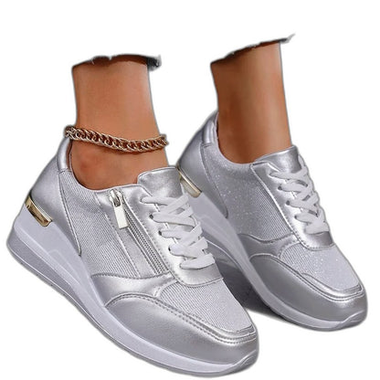 Comfortable Silver Sneakers for Women with Platform Closed Toe Lace Up Casual Style