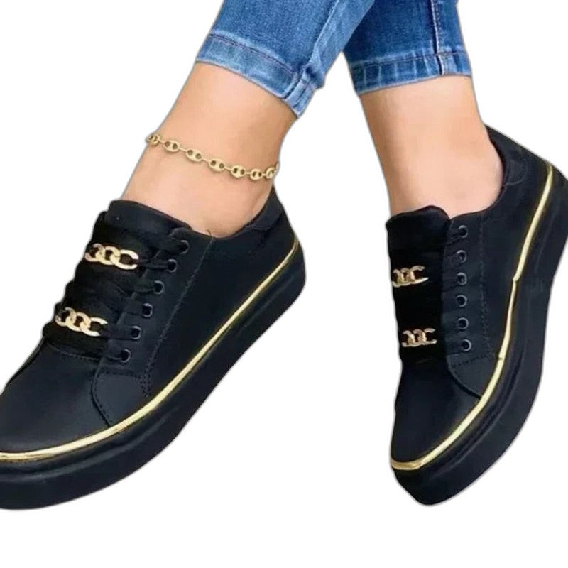 Comfortable Sneakers for Women with Platform Lace Up Chain Strap Casual Style