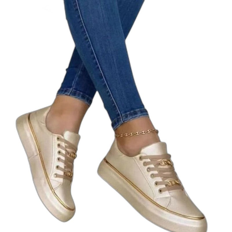Comfortable Sneakers for Women with Platform Lace Up Chain Strap Casual Style