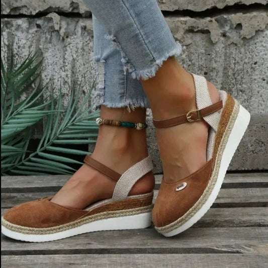 Comfortable Suede Espadrilles for Women with Platform Ankle Strap Closed Toe Casual Style