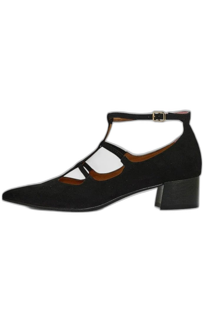Comfortable Suede Heels for Women with Block Heel Pointed Toe Buckle Office Style