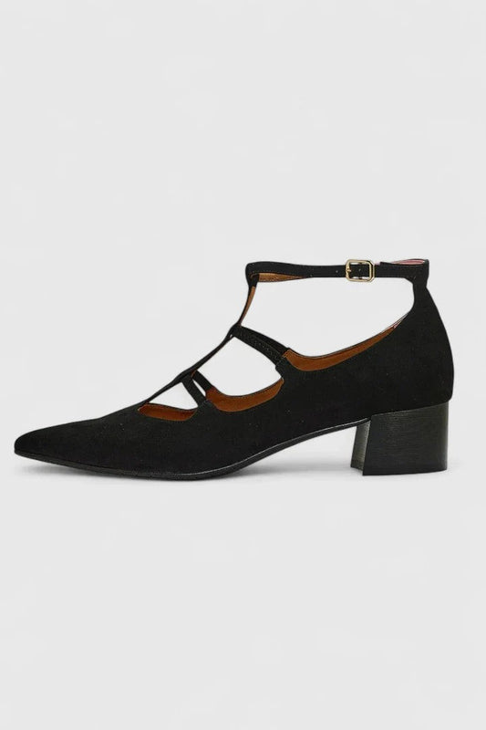 Comfortable Suede Heels for Women with Block Heel Pointed Toe Buckle Office Style