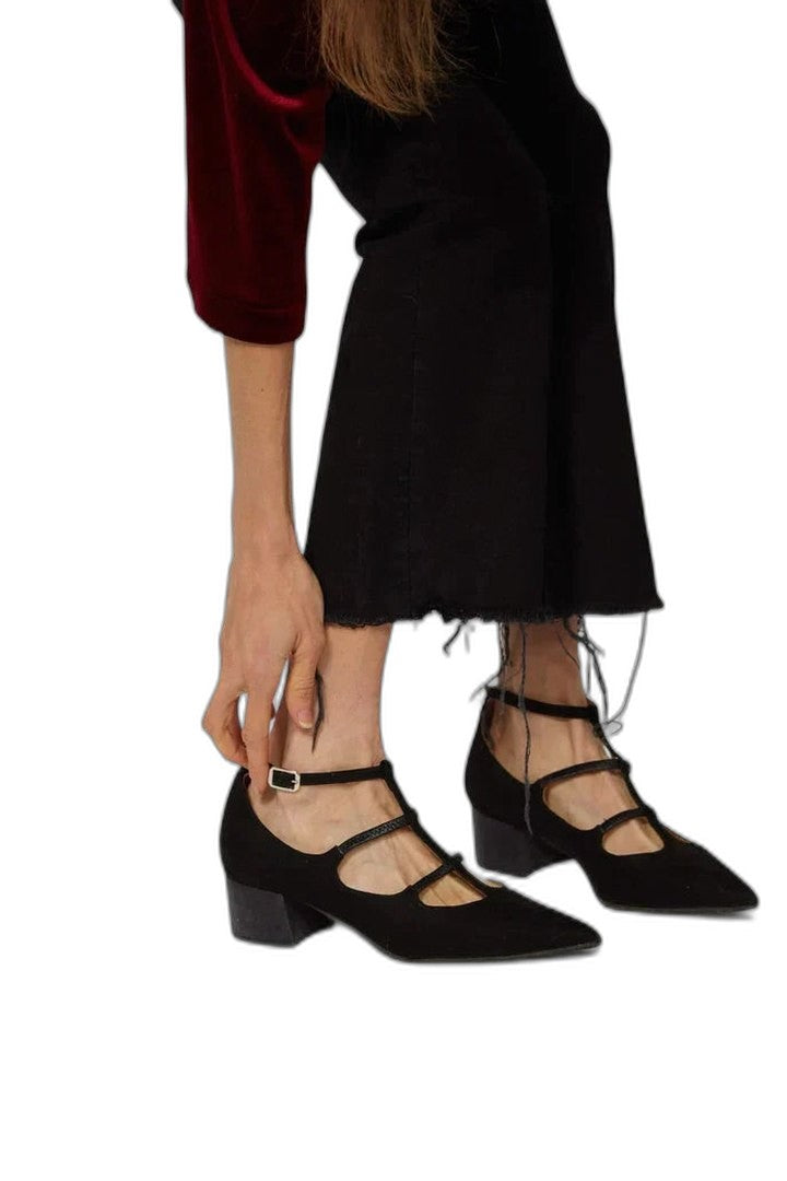 Comfortable Suede Heels for Women with Block Heel Pointed Toe Buckle Office Style