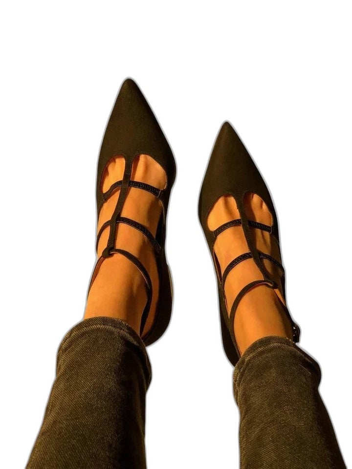 Comfortable Suede Heels for Women with Block Heel Pointed Toe Buckle Office Style