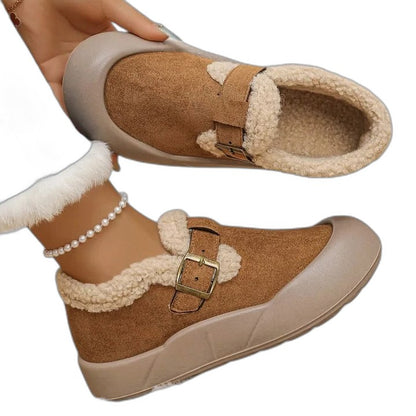 Comfortable Suede Mules for Women with Closed Toe Fur Lined Buckle Casual Style
