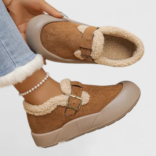 Comfortable Suede Mules for Women with Closed Toe Fur Lined Buckle Casual Style