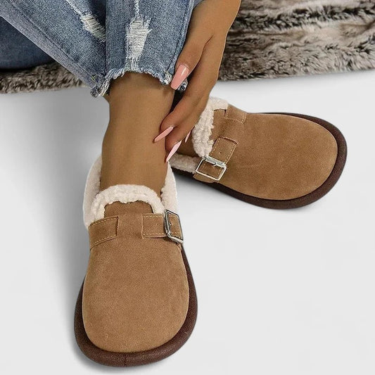 Comfortable Suede Mules for Women with Closed Toe Fur Lined Buckle Casual Style