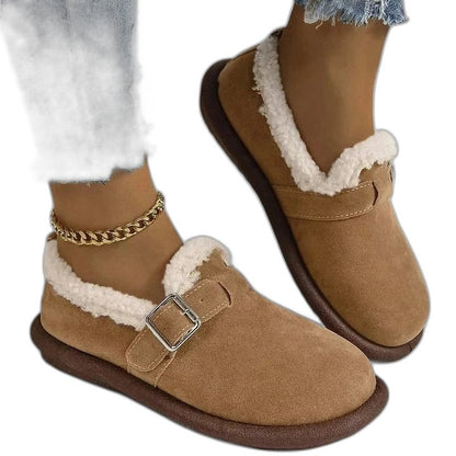 Comfortable Suede Mules for Women with Closed Toe Fur Lined Buckle Casual Style