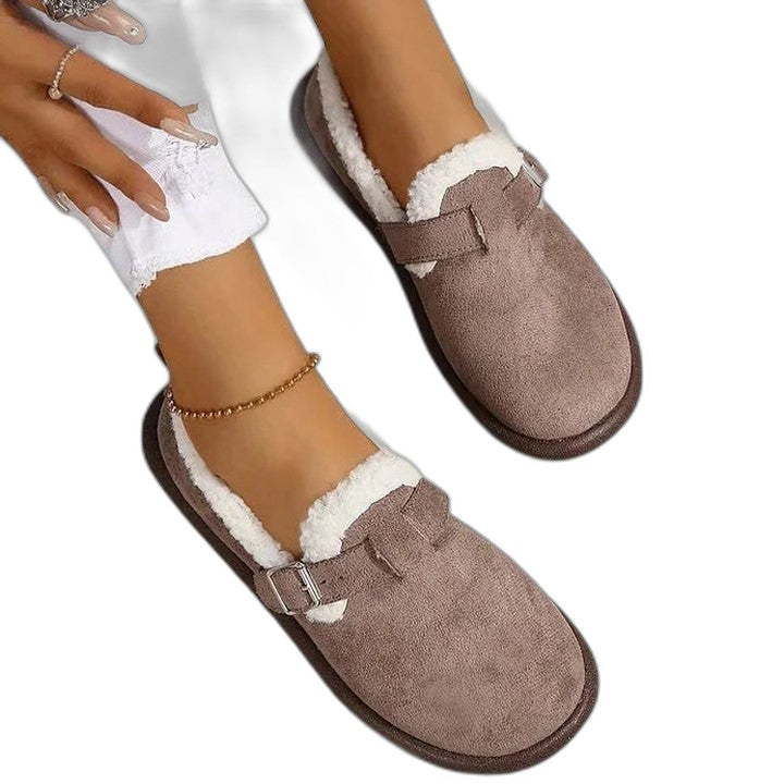 Comfortable Suede Mules for Women with Closed Toe Fur Lined Buckle Casual Style