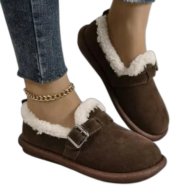 Comfortable Suede Mules for Women with Closed Toe Fur Lined Buckle Casual Style