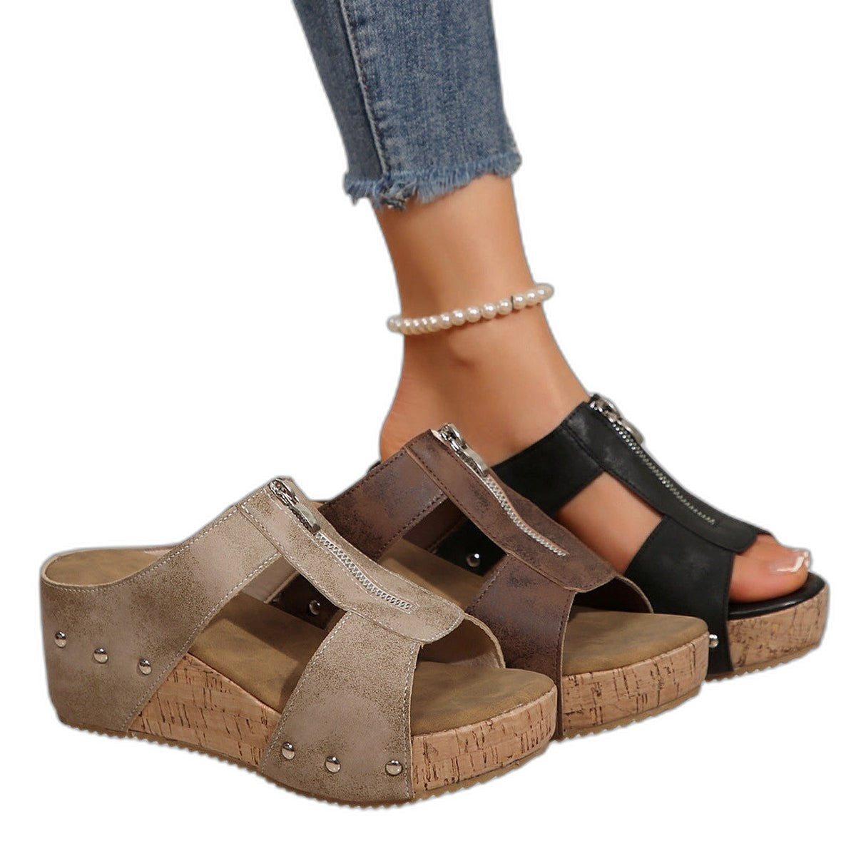Comfortable Suede Mules for Women with Platform Open Toe Studded Casual Style