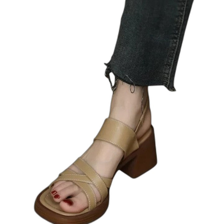 Comfortable Tan Heels for Women with Block Heel Ankle Strap Open Toe Casual Style