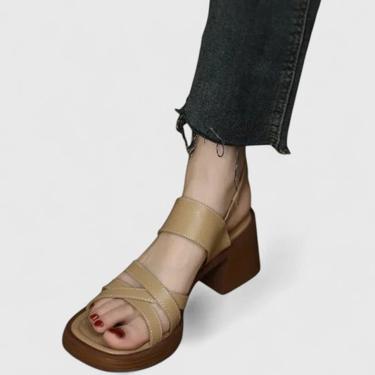 Comfortable Tan Heels for Women with Block Heel Ankle Strap Open Toe Casual Style