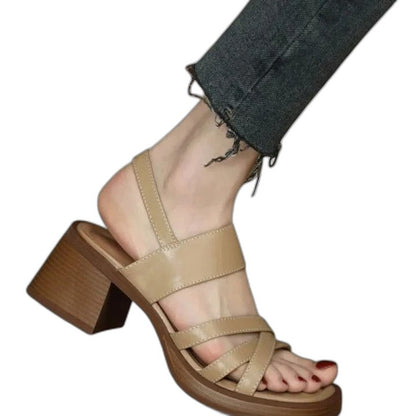 Comfortable Tan Heels for Women with Block Heel Ankle Strap Open Toe Casual Style