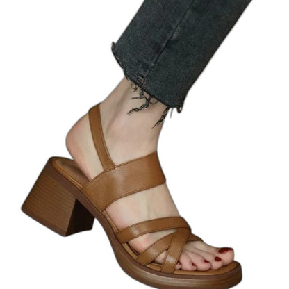 Comfortable Tan Heels for Women with Block Heel Ankle Strap Open Toe Casual Style