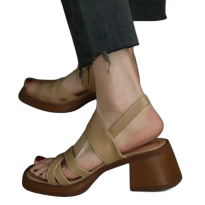 Comfortable Tan Heels for Women with Block Heel Ankle Strap Open Toe Casual Style