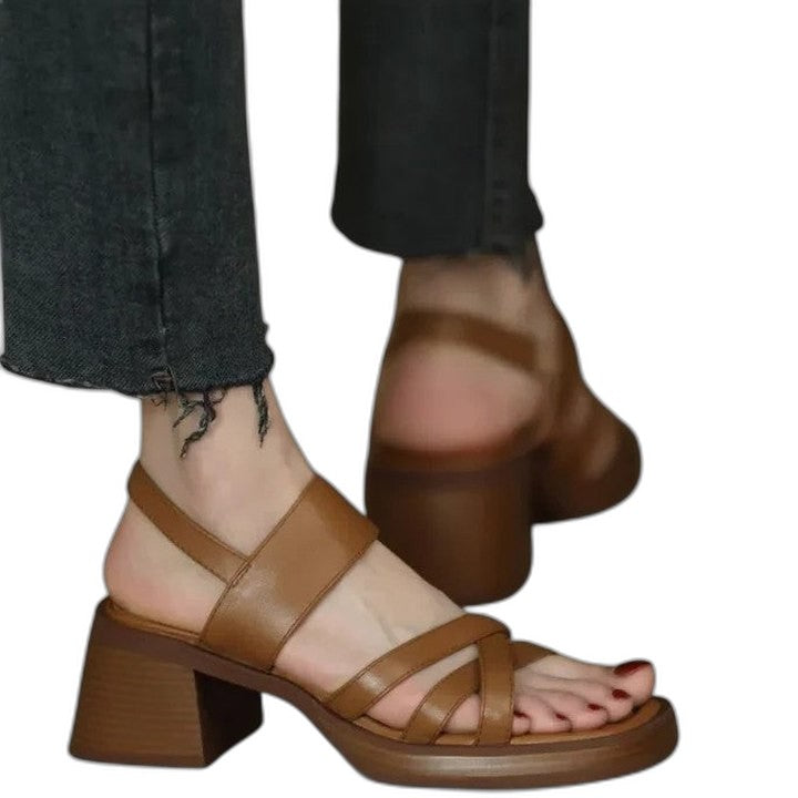 Comfortable Tan Heels for Women with Block Heel Ankle Strap Open Toe Casual Style