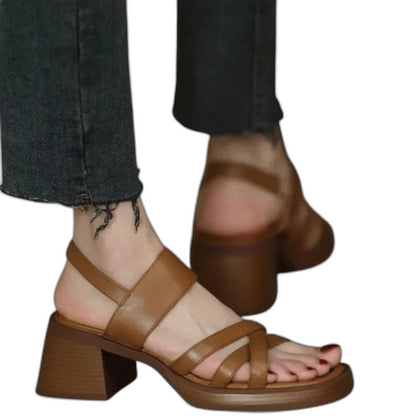 Comfortable Tan Heels for Women with Block Heel Ankle Strap Open Toe Casual Style