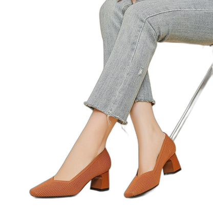 Comfortable Tan Heels for Women with Block Heel Pointed Toe Office Style