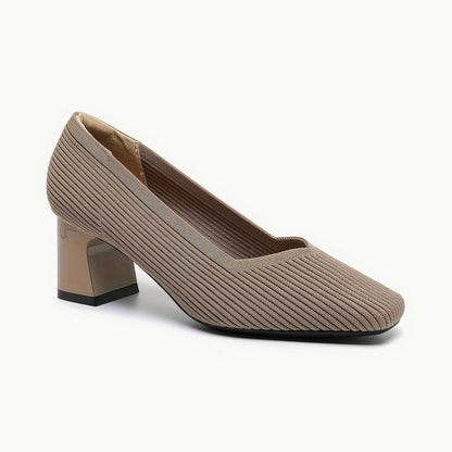 Comfortable Tan Knit Heels for Women with Block Heel Pointed Toe Office Style