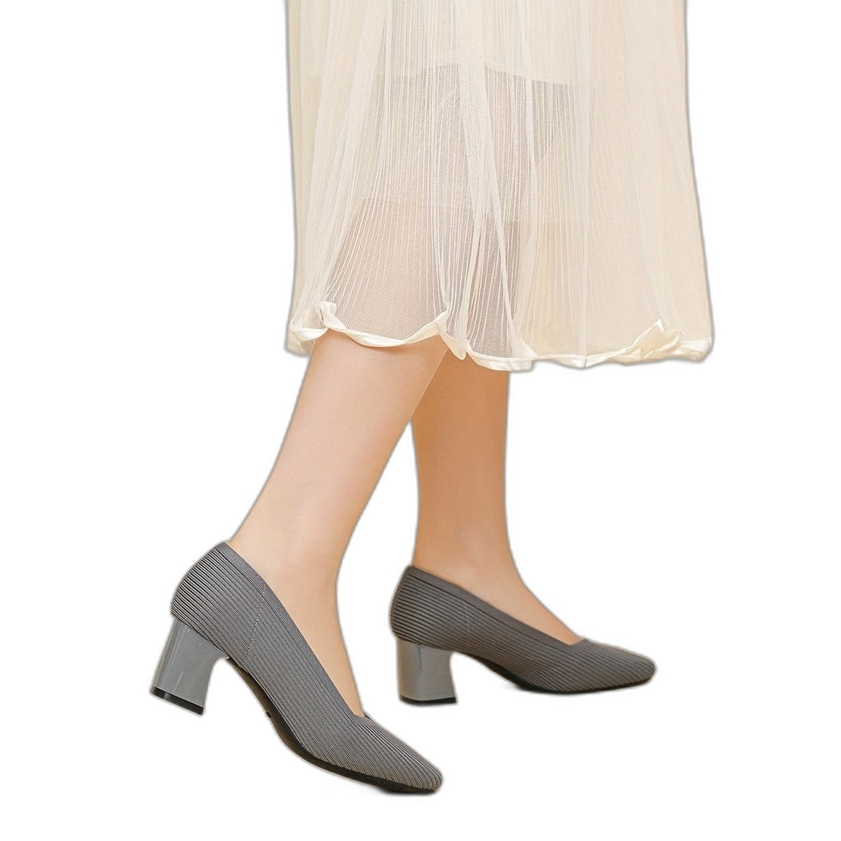 Comfortable Tan Knit Heels for Women with Block Heel Pointed Toe Office Style